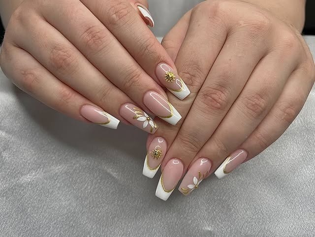 17. White Daisy French Coffin Nails - coffin nail ideas