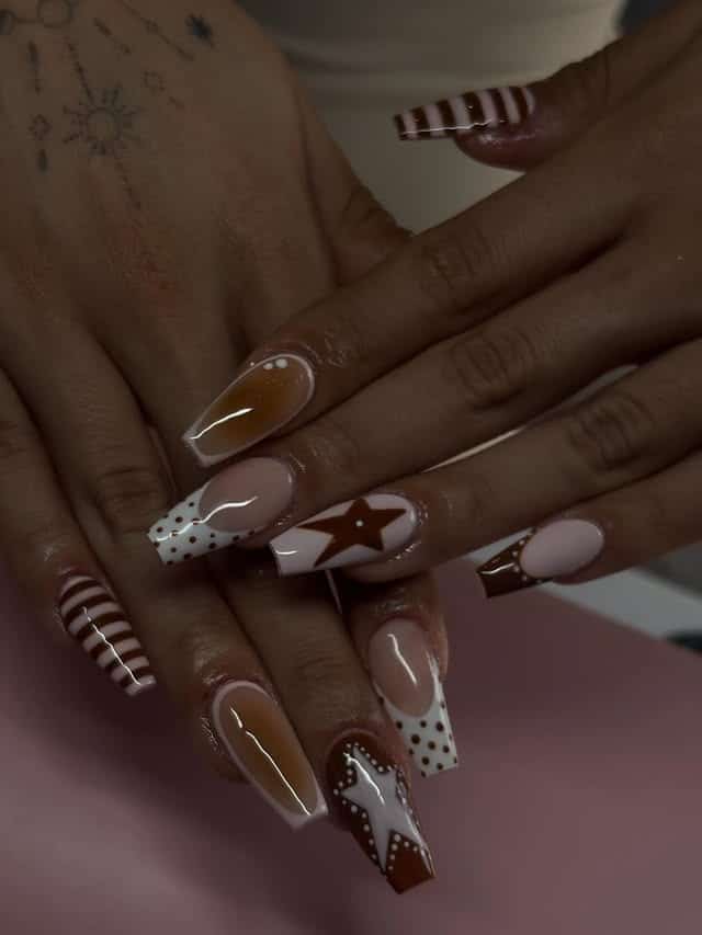 18. Brown Abstract Coffin Nails - coffin nail ideas