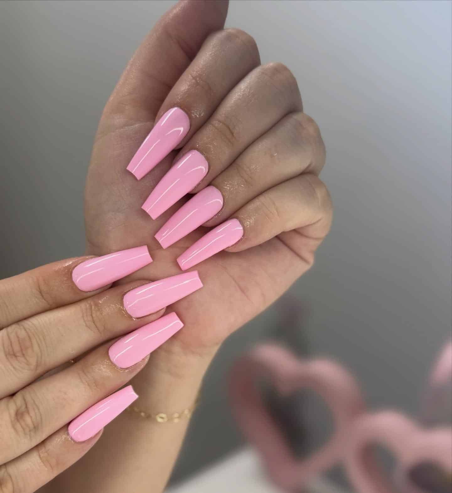 20. Glossy Baby Pink Coffin Nails - coffin nail ideas