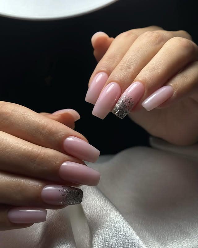22. Soft Pink Ombre Coffin Nails with Silver Glitter - coffin nail ideas