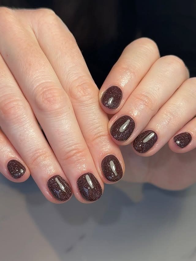 1. Espresso Glazed Short Almond Nails - winter almond nail ideas