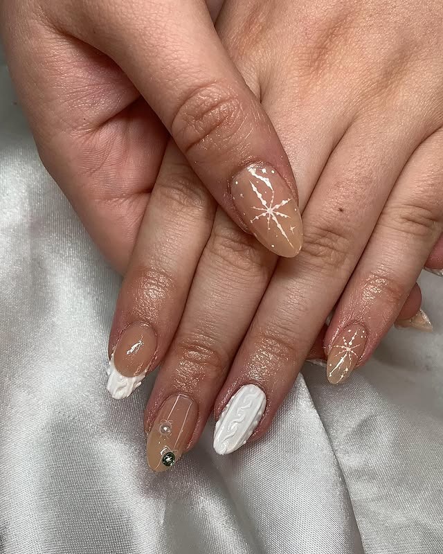 2. Nude Sweater Knit Almond Nails - winter almond nail ideas