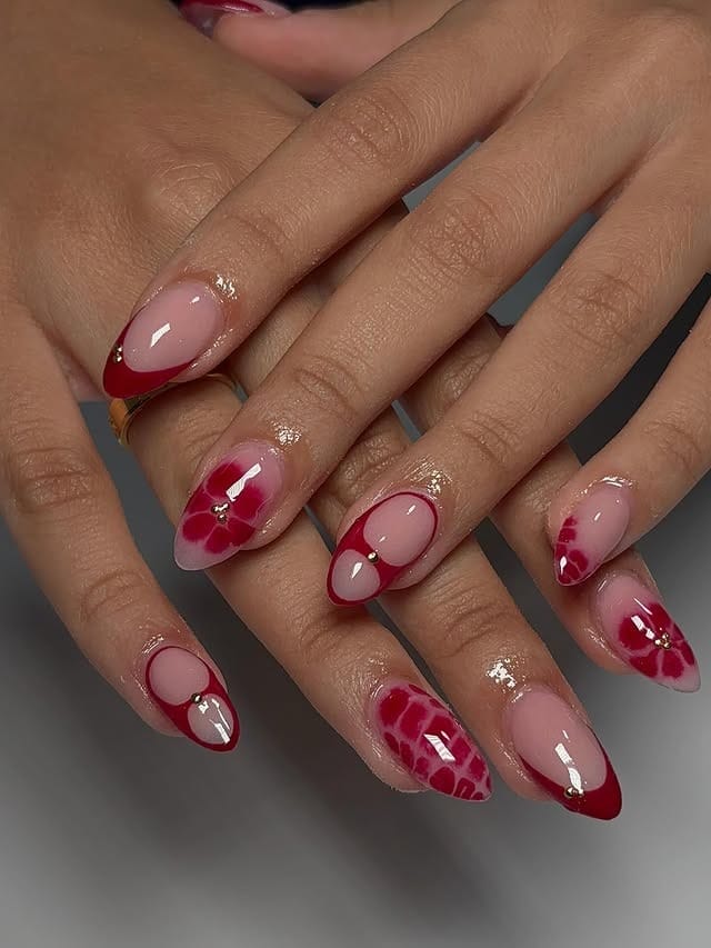4. Cranberry Floral French Almond Nails - winter almond nail ideas