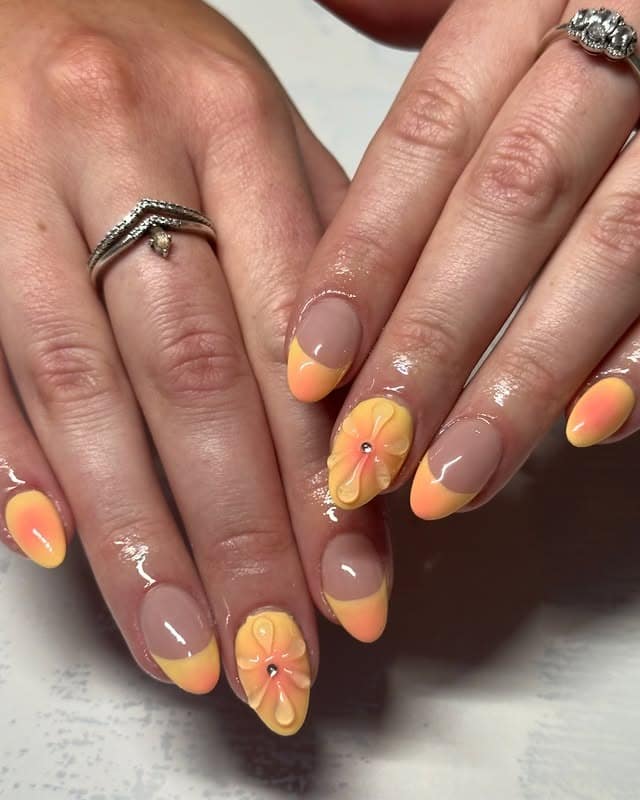 7. Peach Bloom Ombre Almond Nails - winter almond nail ideas