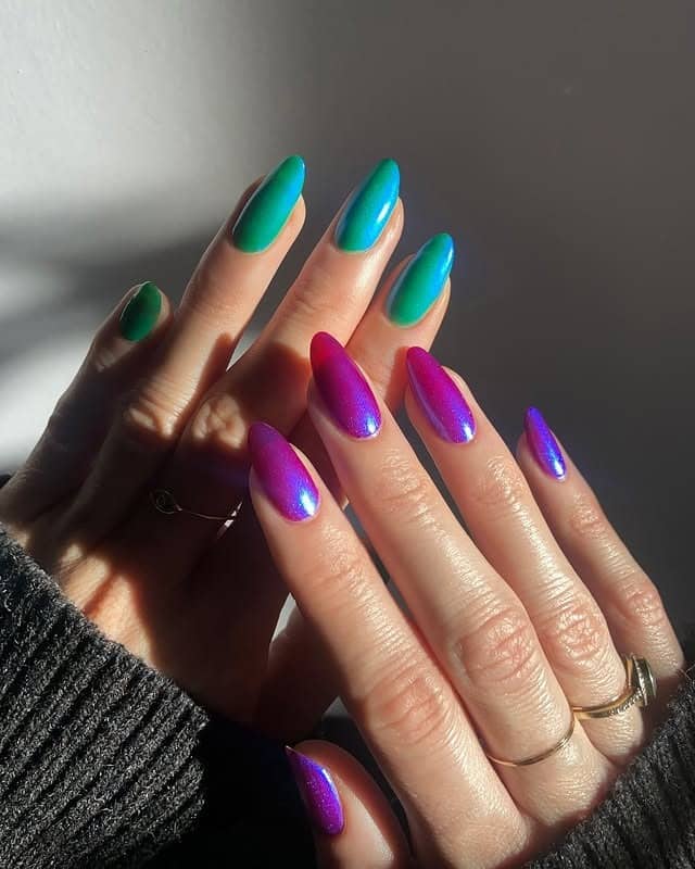 15. Aurora Chrome Almond Nails - winter almond nail ideas