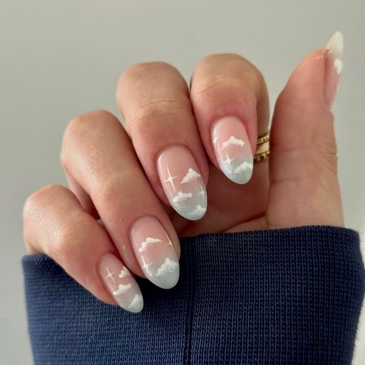 17. Cloud French Almond Nails - winter almond nail ideas
