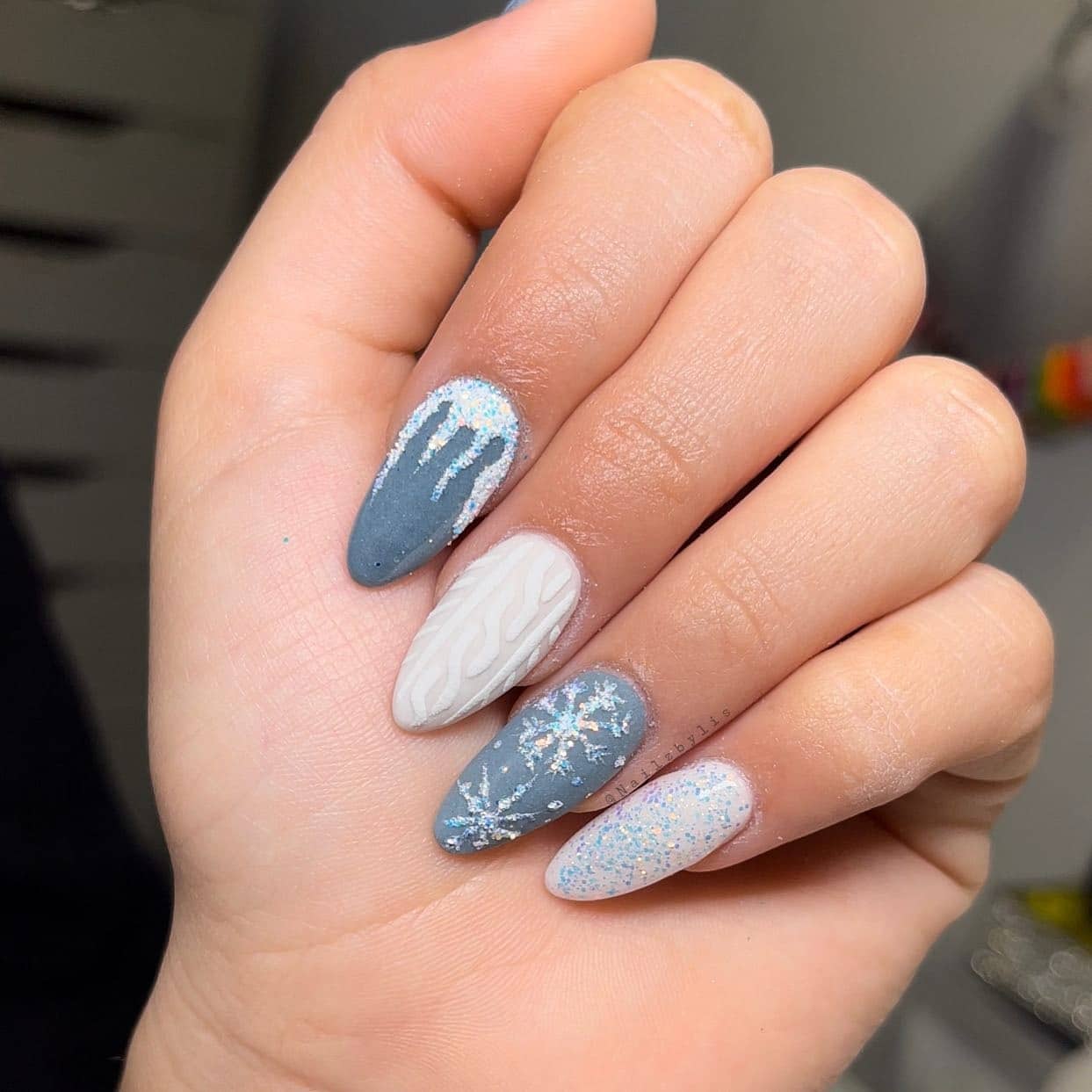 21. Frosted Blue Sweater Almond Nails - winter almond nail ideas