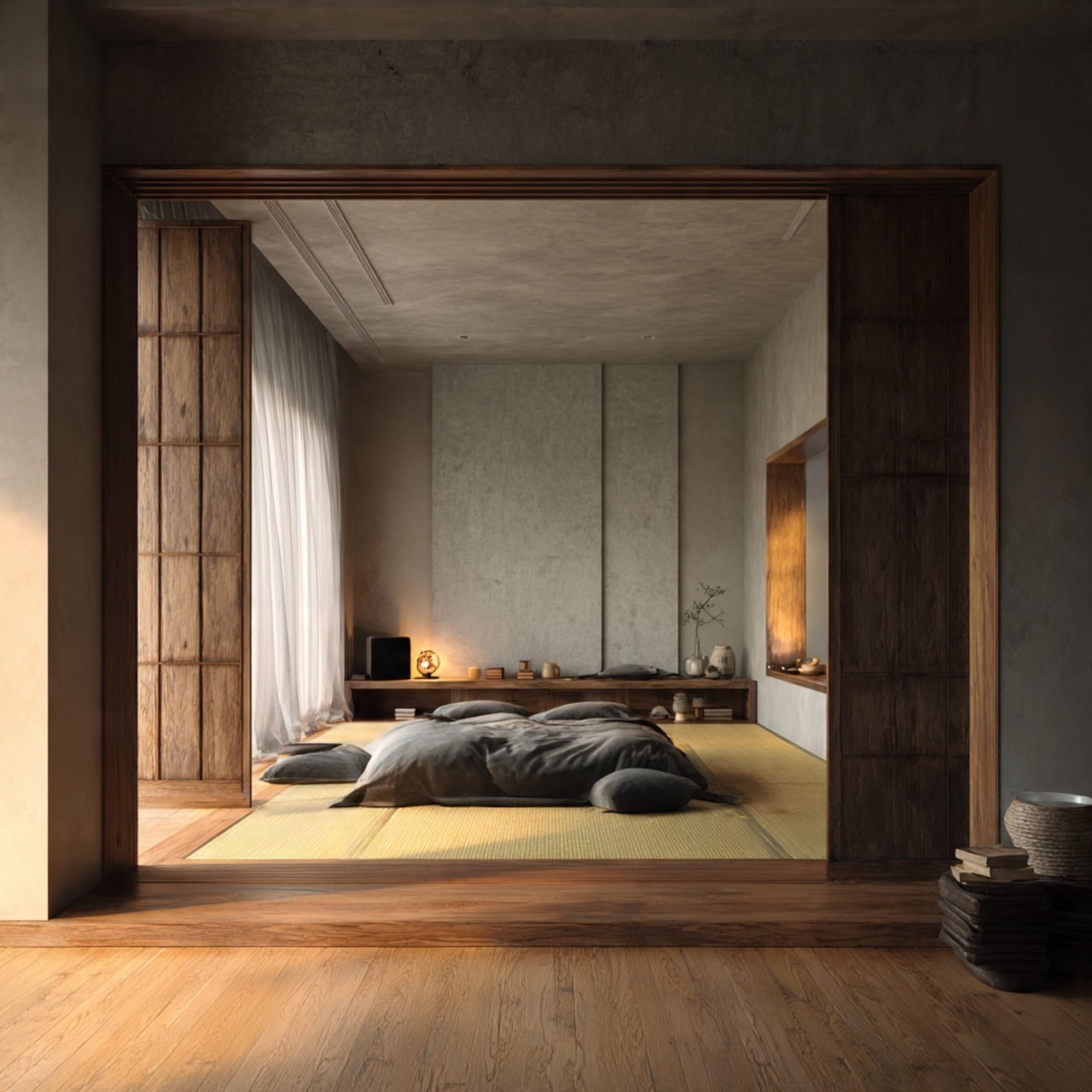 1. Moody Walnut Japanese Bedroom with Charcoal Bedding - japanese bedroom ideas