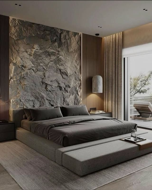 3. Stone Accent Japanese Bedroom in Earthy Gray and Oak - japanese bedroom ideas