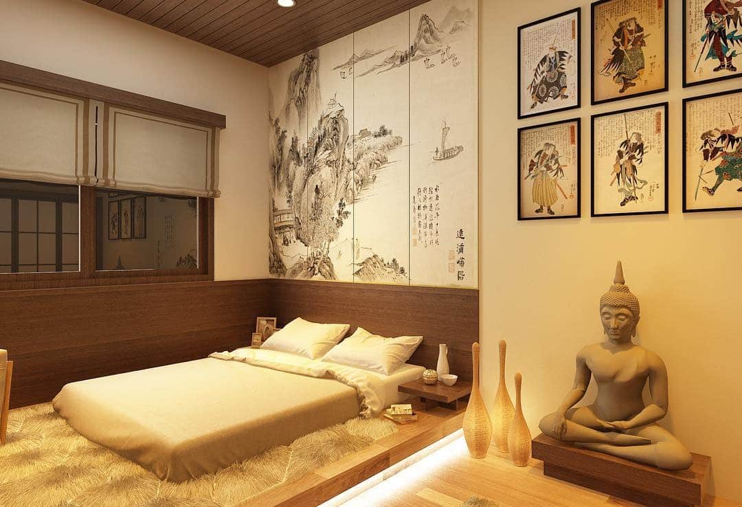 6. Artistic Japanese Bedroom with Traditional Wall Decor - japanese bedroom ideas