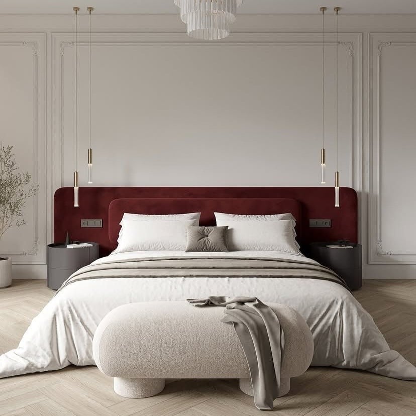7. Modern Japanese Bedroom with Burgundy Accent Headboard - japanese bedroom ideas