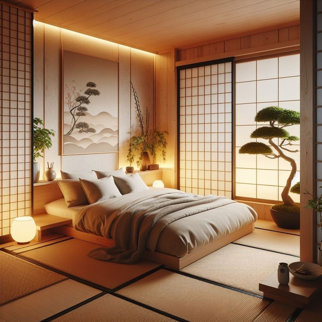 13. Ambient Japanese Bedroom with Natural Wood and Ivory Tones - japanese bedroom ideas