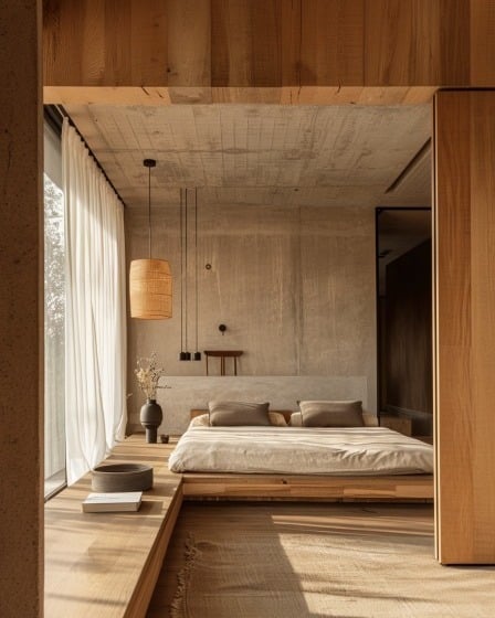 14. Minimal Concrete Japanese Bedroom in Oak and Sand - japanese bedroom ideas
