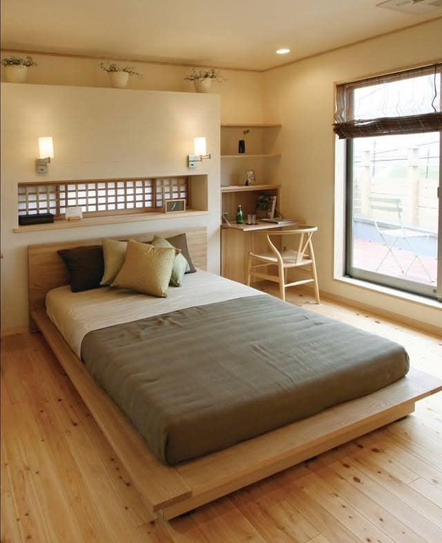 15. Compact Japanese Bedroom with Honey Wood Finishes - japanese bedroom ideas