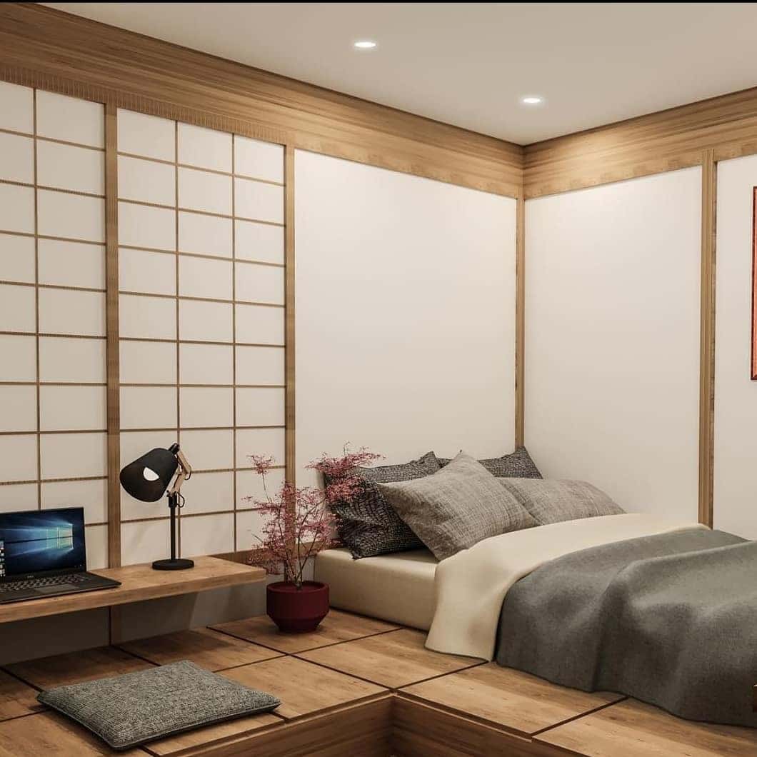 16. Contemporary Japanese Bedroom with Gray and Maple Details - japanese bedroom ideas