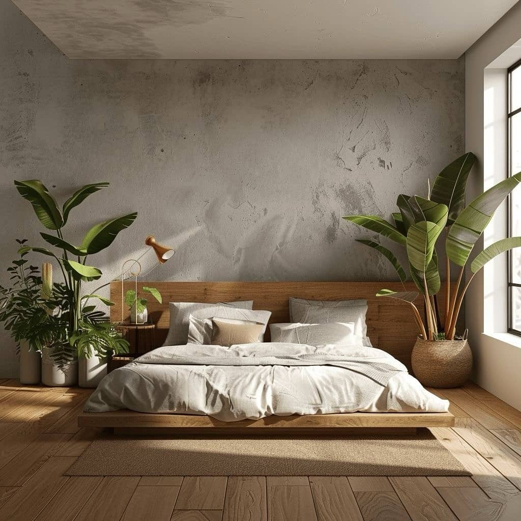 18. Organic Japanese Bedroom with Concrete Gray and Greenery - japanese bedroom ideas