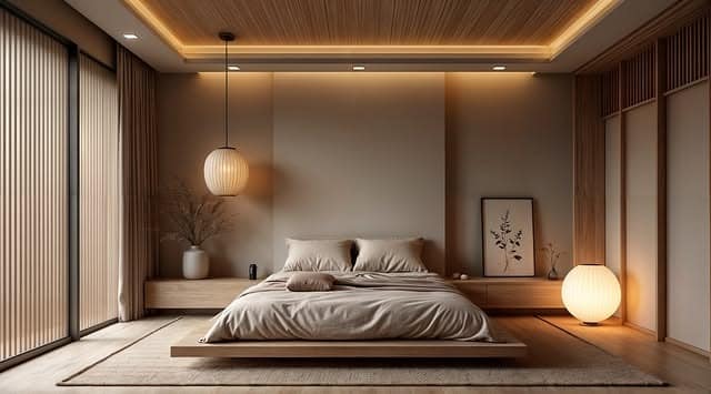 19. Modern Japanese Bedroom with Taupe and Walnut Accents - japanese bedroom ideas