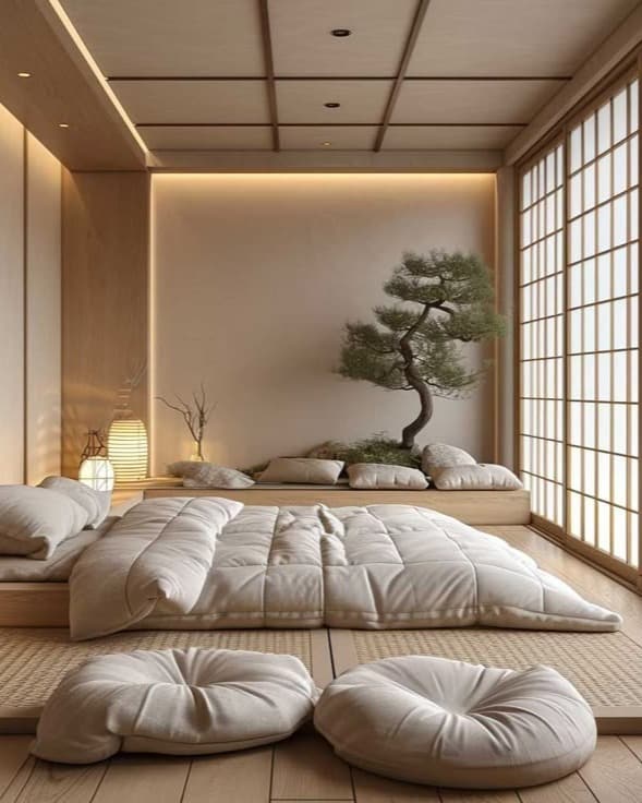 21. Soft Ivory Japanese Tatami Bedroom with Natural Wood Accents - japanese bedroom ideas