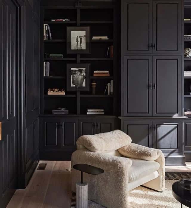 1. Matte Black Built-In Office Library - dark office ideas