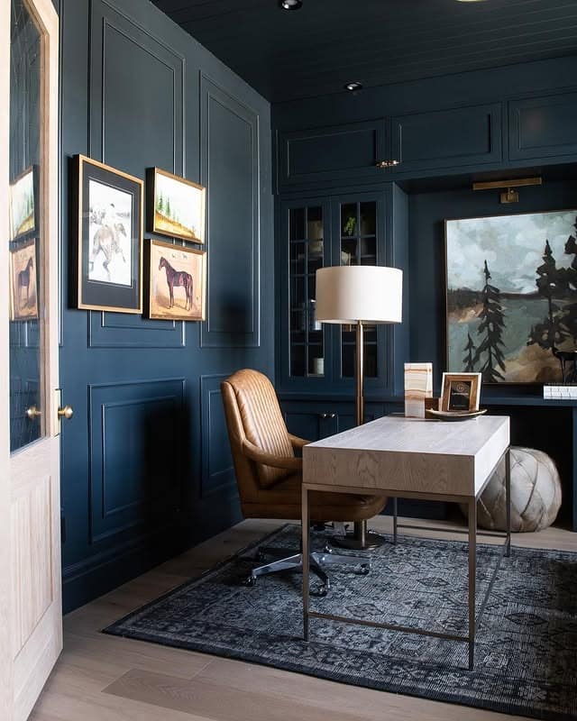 4. Navy Blue Paneled Home Office - dark office ideas