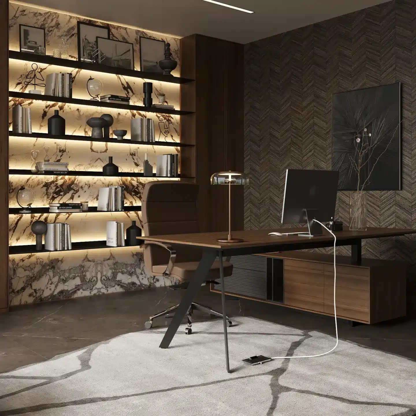 5. Marble Backlit Shelf Office Concept - dark office ideas