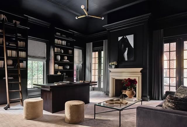 7. Black Library Office With Warm Wood Accents - dark office ideas