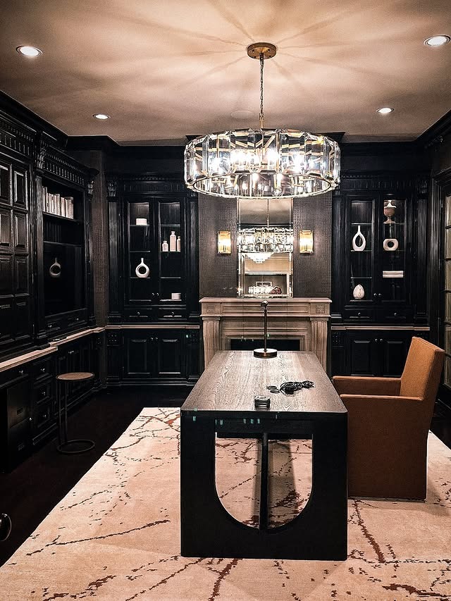 8. Luxe Black Office With Statement Chandelier - dark office ideas