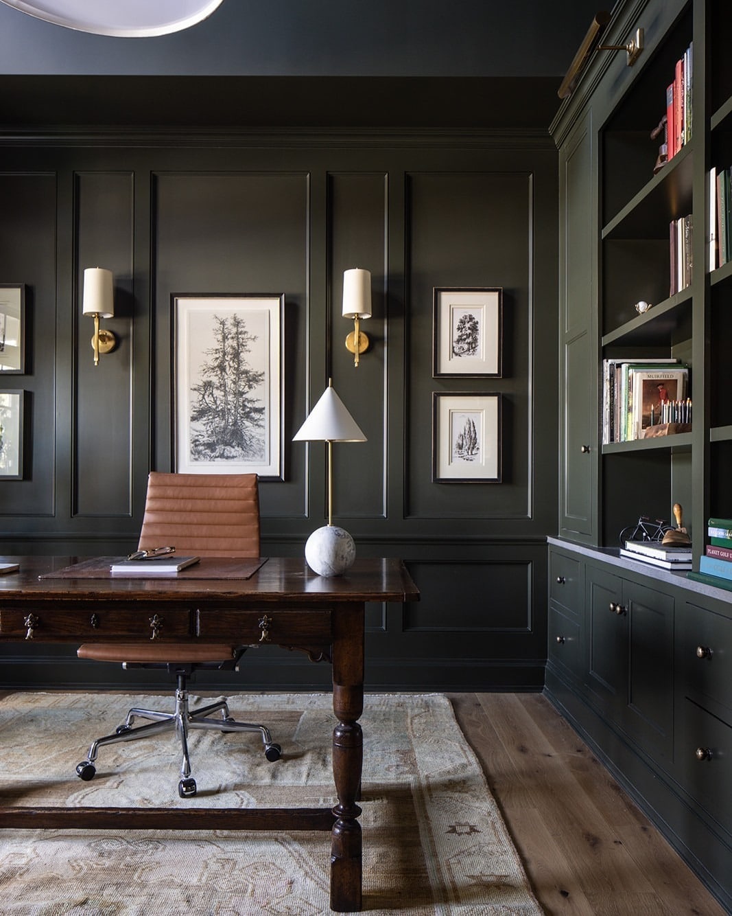 9. Olive Black Study With Brass Lighting - dark office ideas