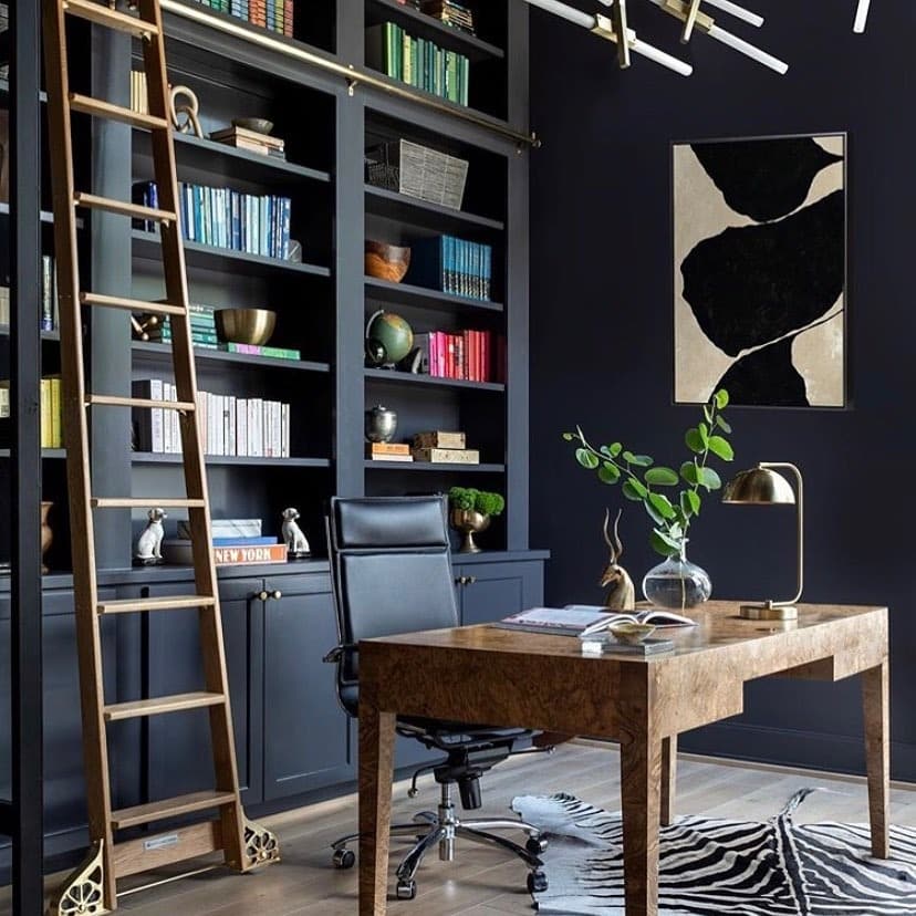 10. Modern Dark Blue Office With Library Ladder - dark office ideas
