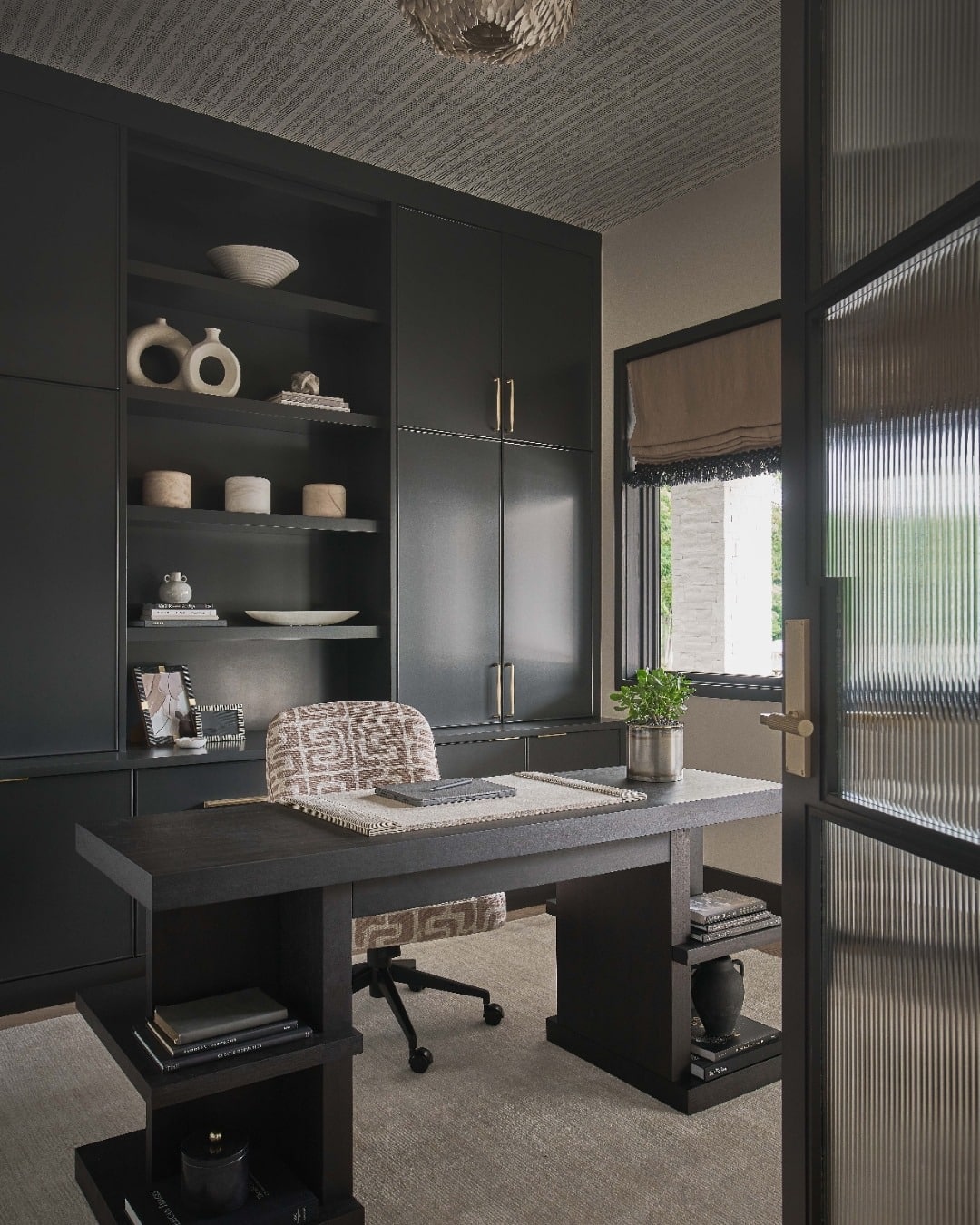 11. Matte Black Built-In Office With Brass Accents - dark office ideas