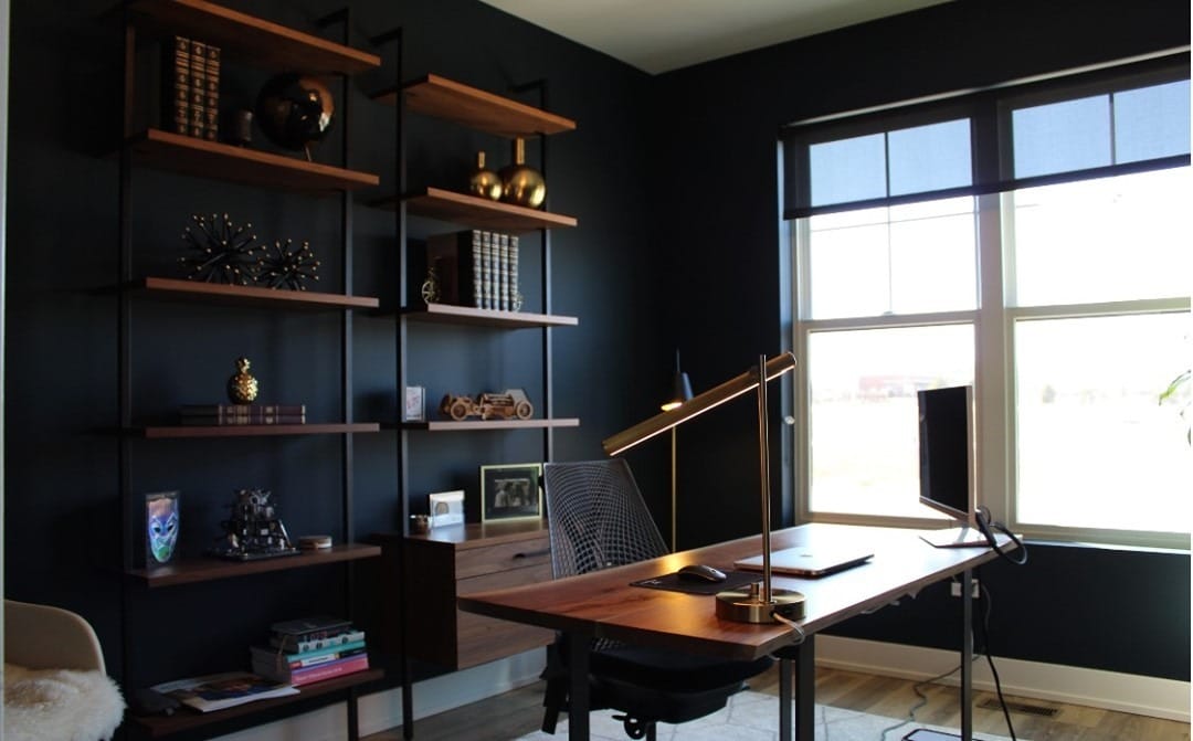 13. Black Accent Wall Office With Open Shelving - dark office ideas