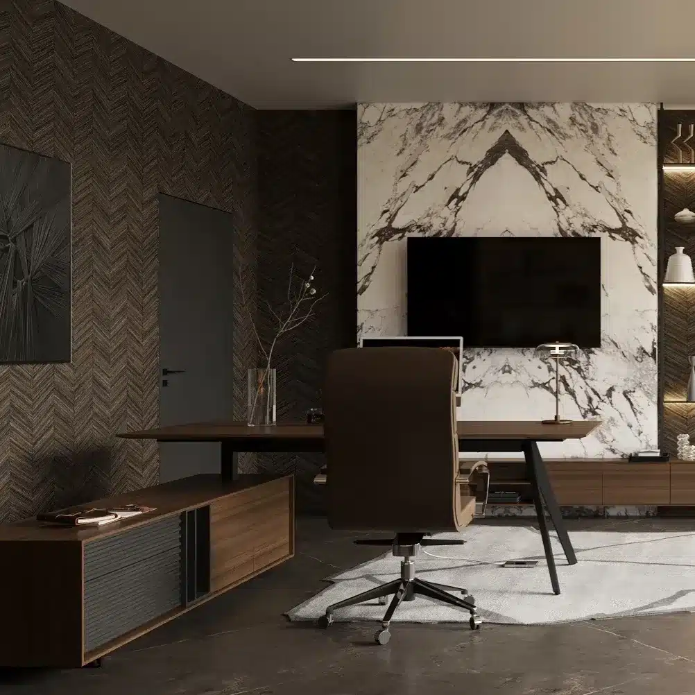 14. Marble Feature Wall Executive Office - dark office ideas