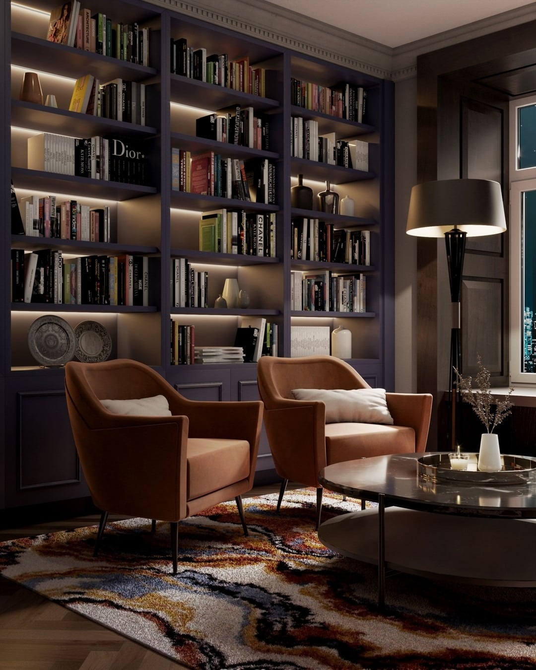 15. Moody Purple Library Lounge Office - dark office ideas
