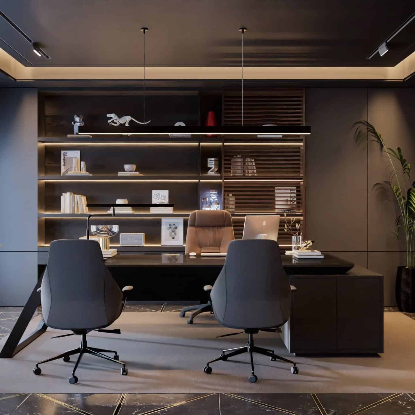 16. Modern Espresso Black Office Design - dark office ideas