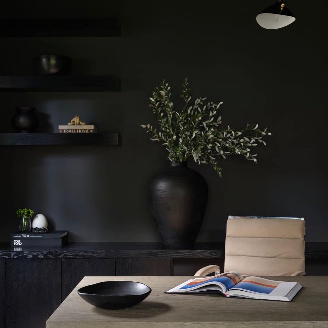 17. Soft Black Minimalist Office Corner - dark office ideas