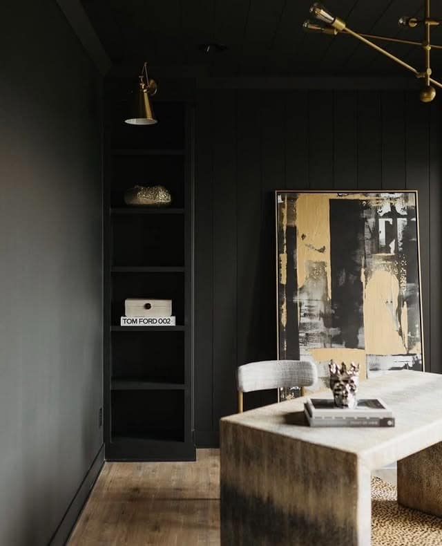 18. Black Paneled Office With Abstract Art - dark office ideas