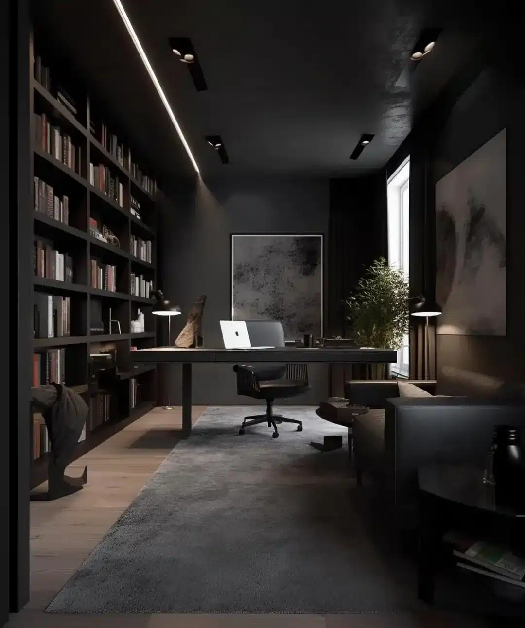 20. Black Library Office With Integrated Lighting - dark office ideas
