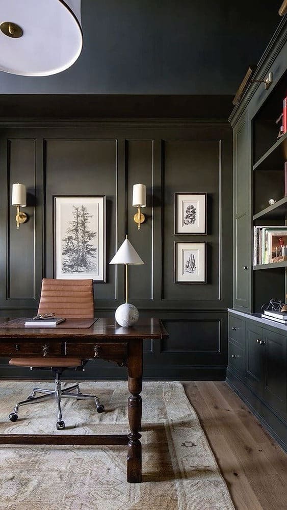 21. Deep Olive Paneled Office With Brass Accents - dark office ideas