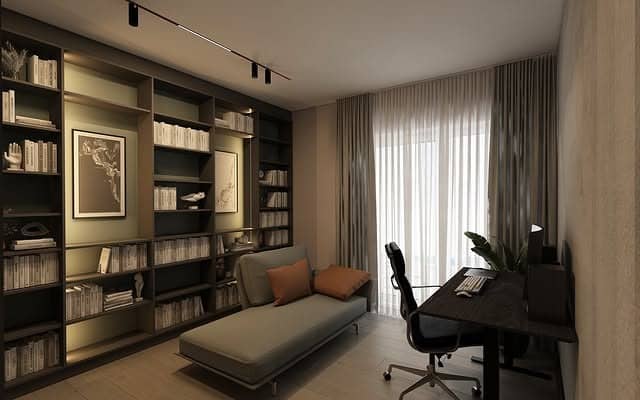 22. Warm Taupe Library Office Design - dark office ideas