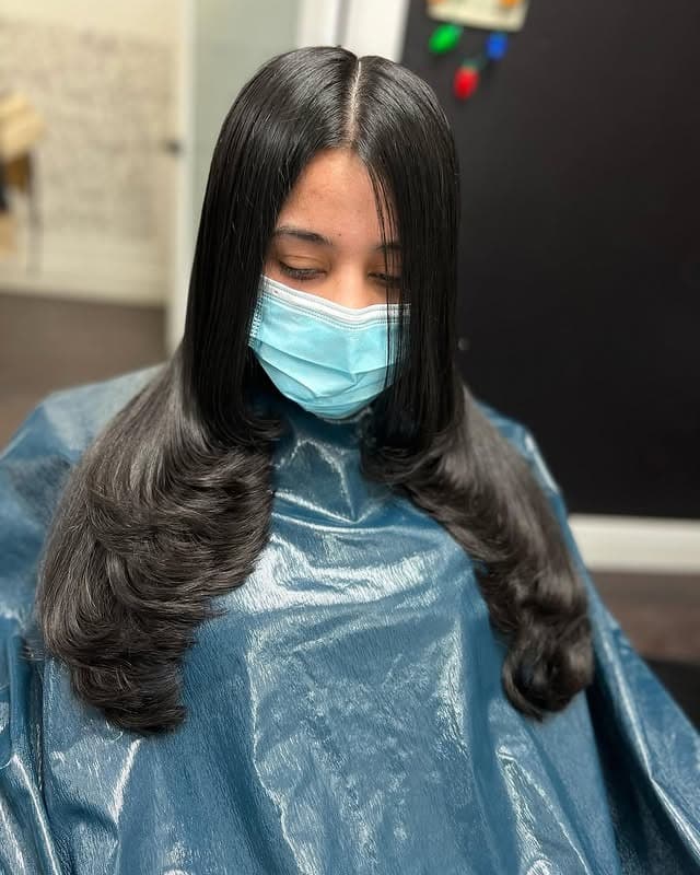 3. Middle-Part Feather Layers with Glossy Black Hair - Feather Haircut