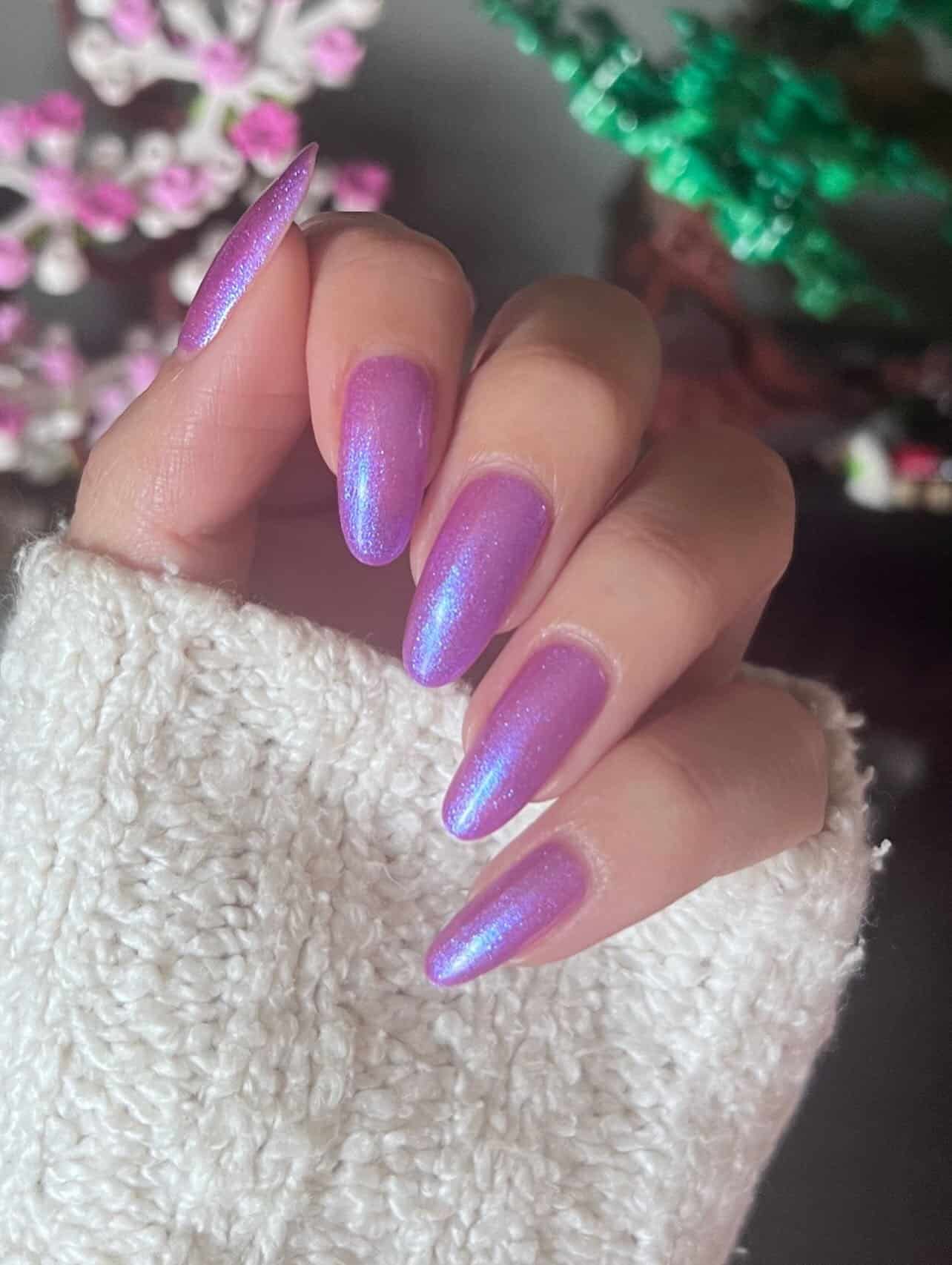 8. Shimmer Violet Almond Nails - purple nail ideas