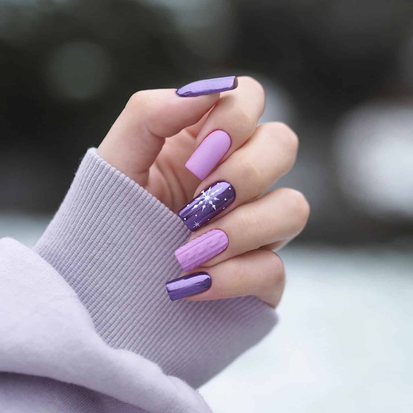 11. Cozy Lavender Snowflake Nails - purple nail ideas