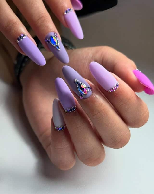 13. Matte Lilac Rhinestone Coffin Nails - purple nail ideas