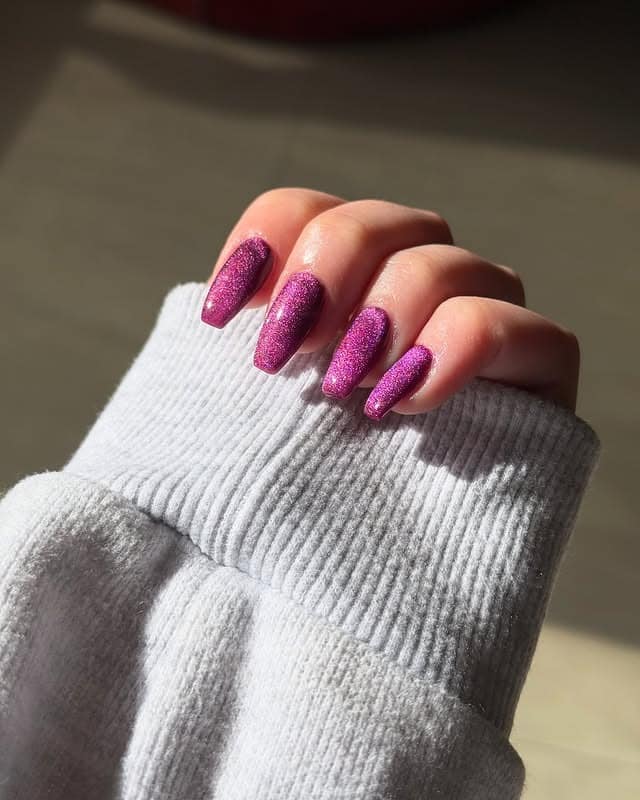 14. Magenta Glitter Square Nails - purple nail ideas