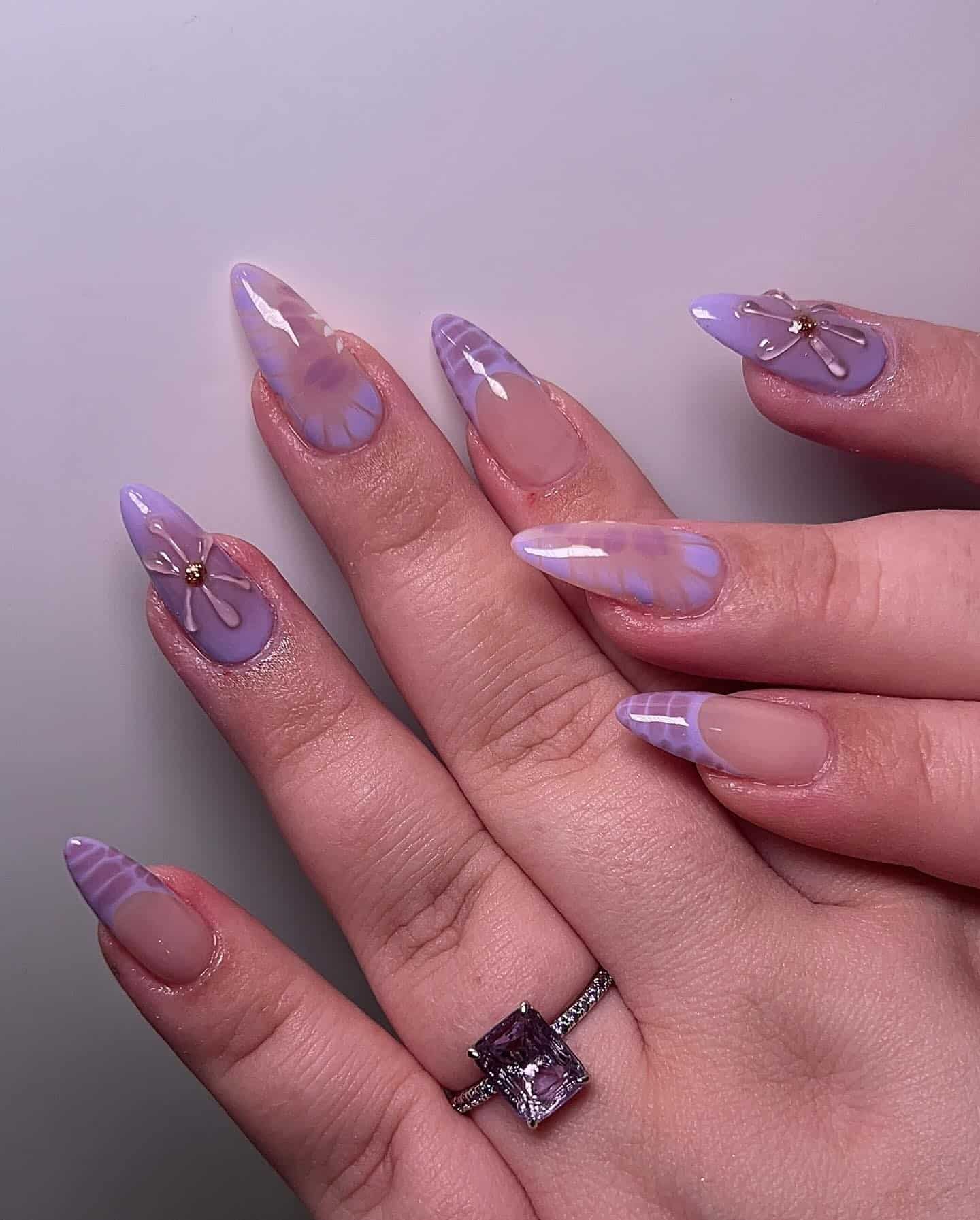 18. Lavender Floral Aura Almond Nails - purple nail ideas