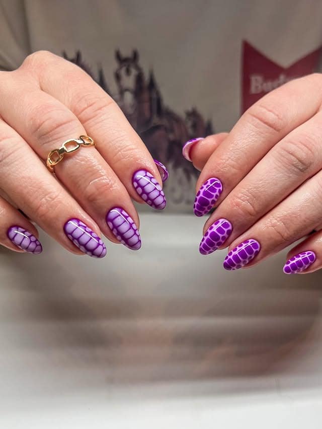 19. Purple Croc Print Almond Nails - purple nail ideas