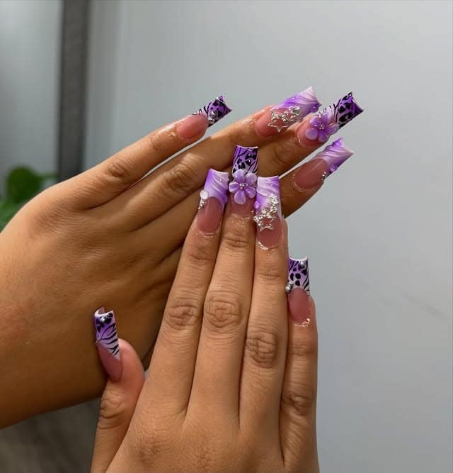 21. Lavender Floral Butterfly Coffin Nails - purple nail ideas