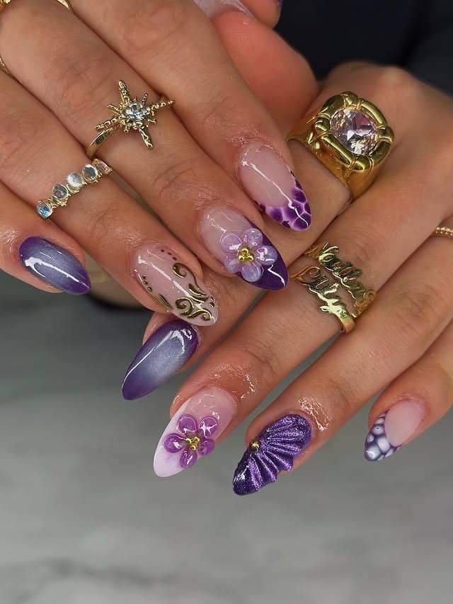 22. Violet Bloom Mixed Art Almond Nails - purple nail ideas