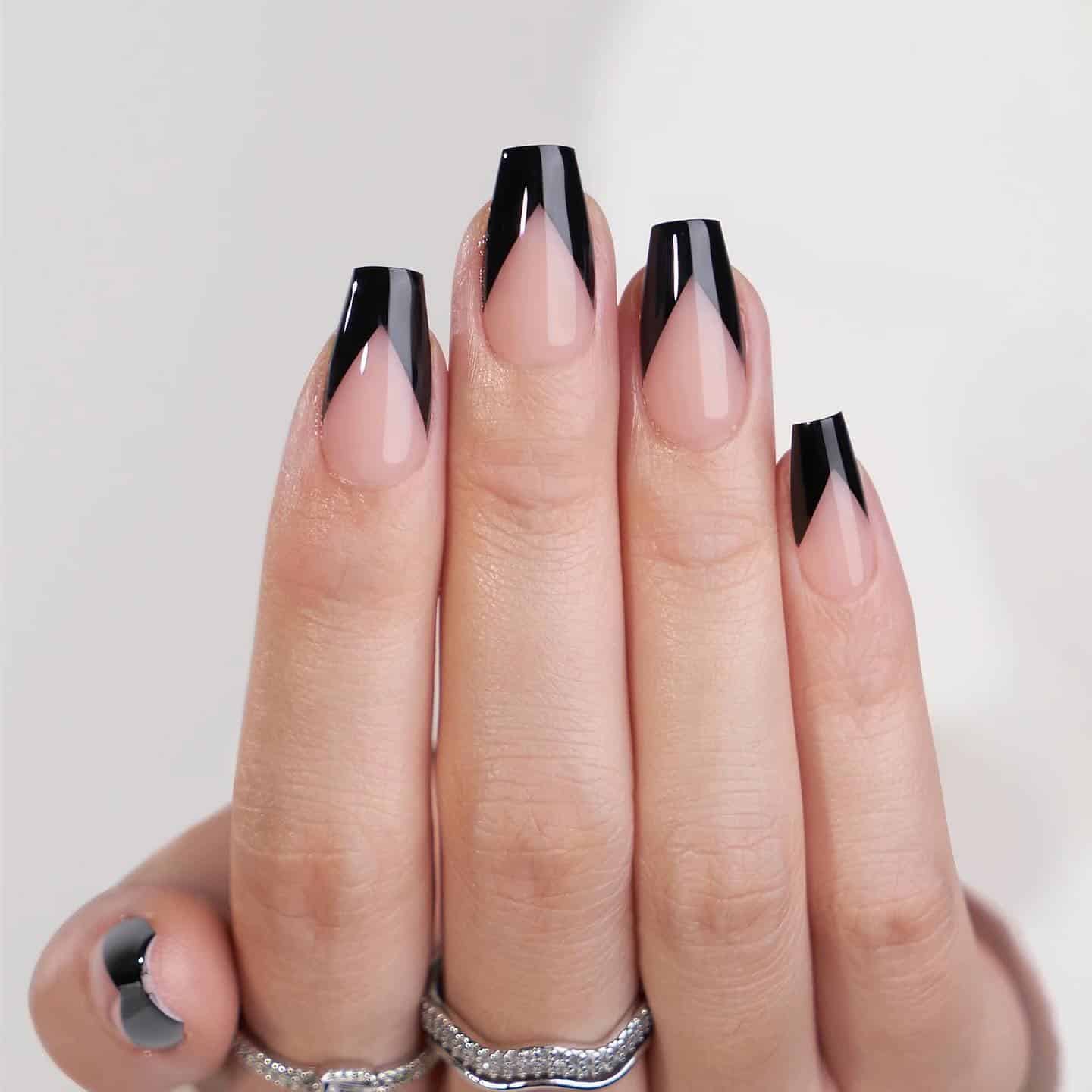 2. Black V-Tip French Coffin Nails - short black coffin nail ideas