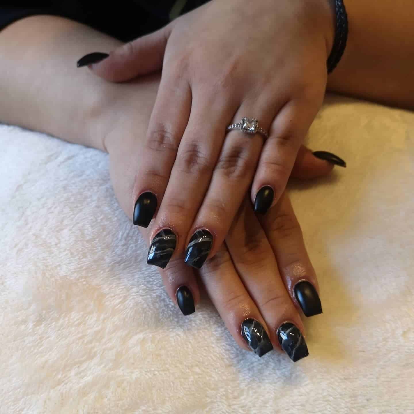 10. Matte Black Marble Short Coffin Nails - short black coffin nail ideas